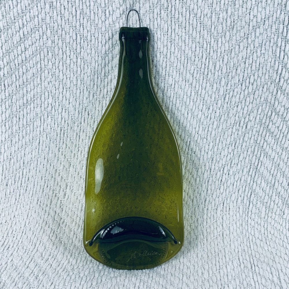 Green Slumped Wine Bottle‎ Glass Upcycled Art Serving Tray Charcuterie Melted